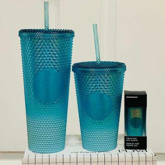 Starbucks Ombre Blue Studded Cup Tumbler Venti Grande Keychain Aqua Splash 3PSet - Picture 12 of 13